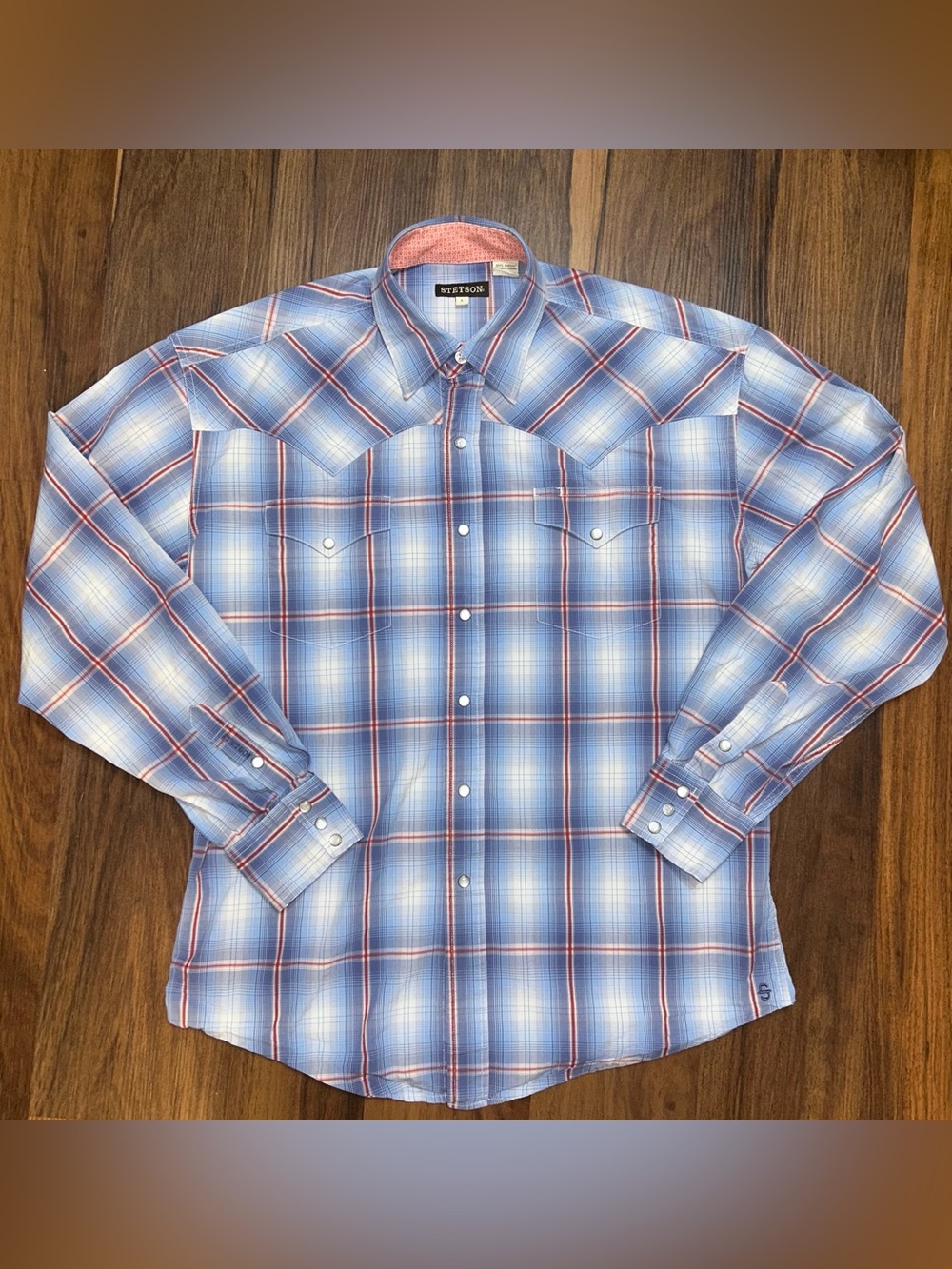 Stetson Shirt Mens Large Blue Red White Plaid Pearl Snap Western Long Sleeve